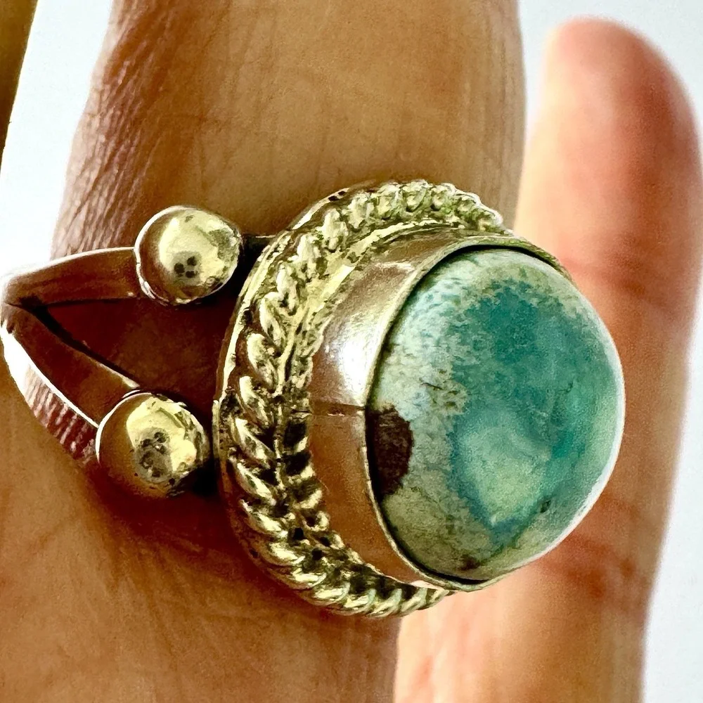 Navajo Turquoise Ring Blue Golden Hills Sz‎ 7.5 Sterling Signed Martinez Native
